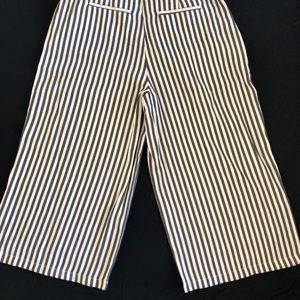 Navy Blue and White Striped Wide Leg Cropped Pants